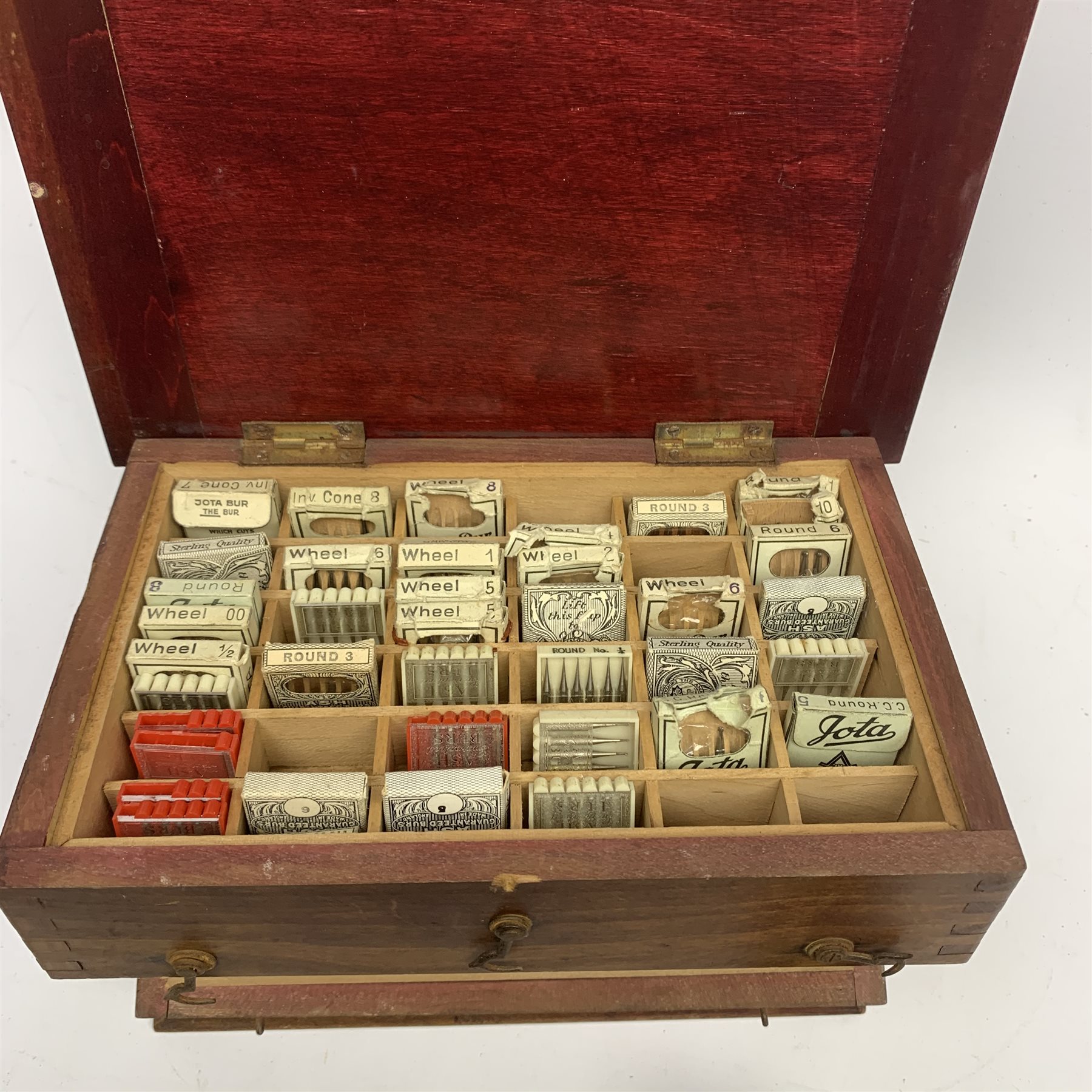 Dentistry 'Jota' Burs storage box, two fitted compartments containing