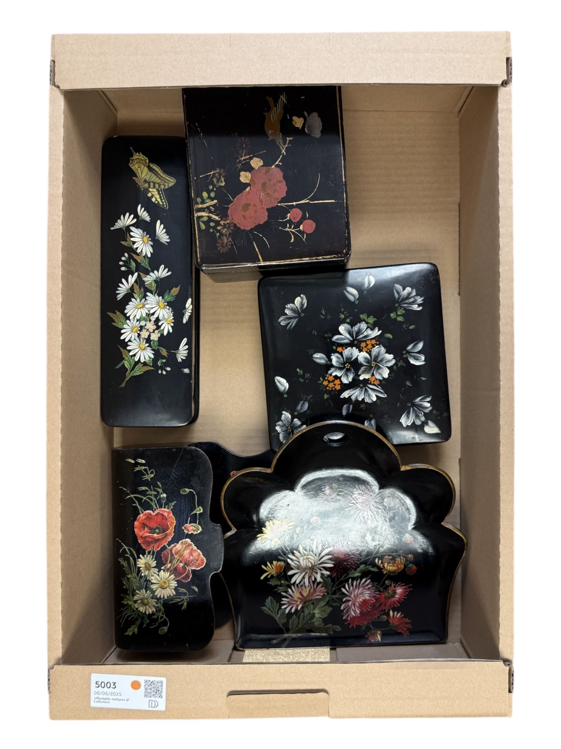 Papier mache boxes, including glove box, jewellery box and two square boxes and a crumb tray