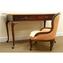  Georgian style walnut console table, two drawers, cabriole legs on pad feet (W138cm, H77cm, D64cm) and a Victorian style nursing chair (W63cm) (2)  