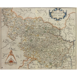  West Riding of Yorkshire, 17th century map engraved by William Hole, hand coloured, from the Christopher Saxton survey of 1577, 27cm x 33cm   