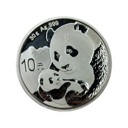 Five China 30g fine silver Panda coins, dated 2016, 2017, 2018, 2019 and 2020
