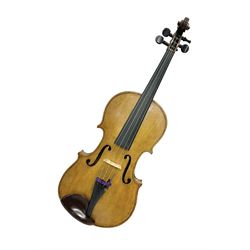 Copy of a full size Stradivarius violin, with an ebonised fretboard, tailpiece and tuning pegs, with a polished chin rest  Length 60cm