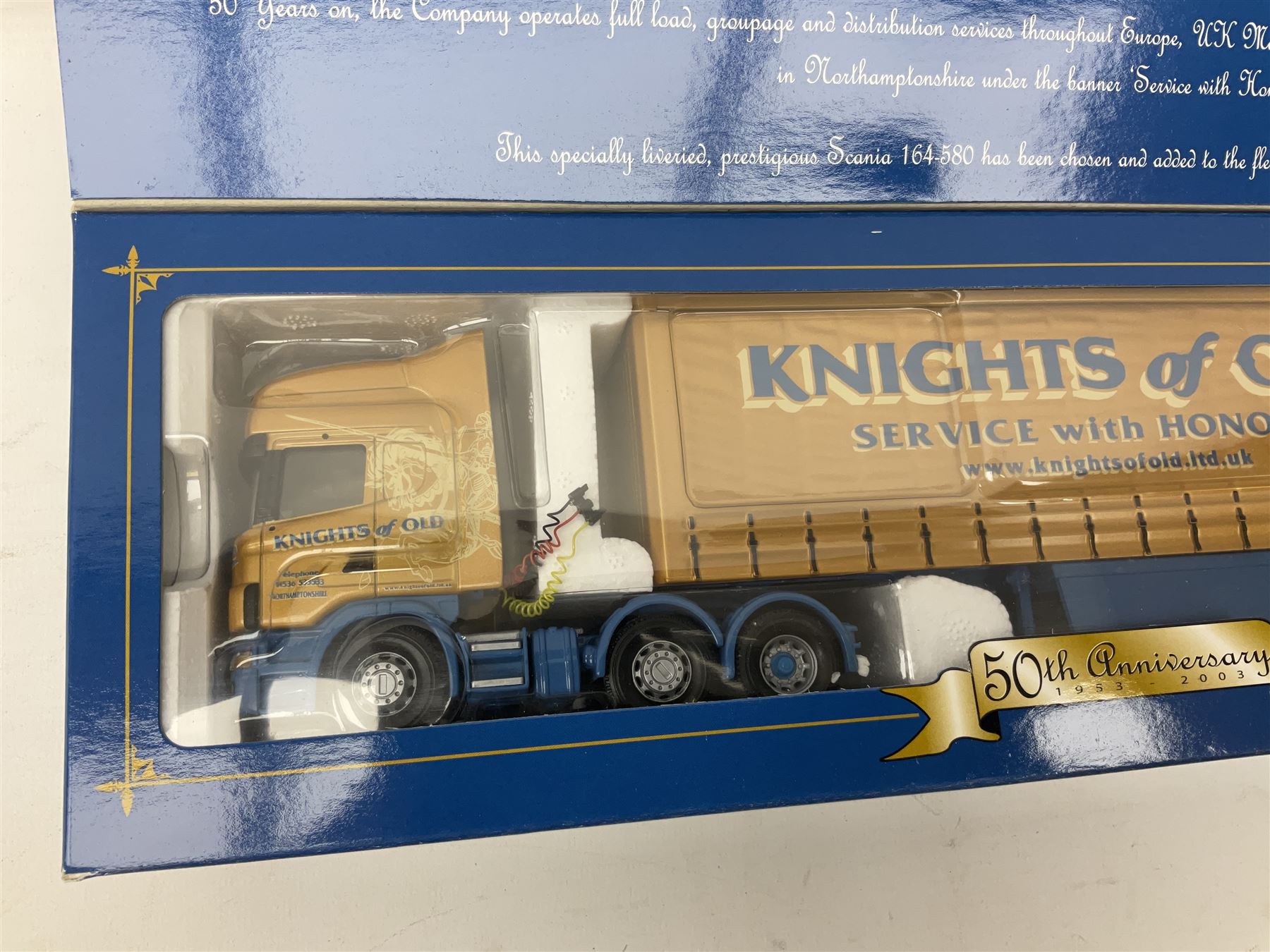 Three Corgi 1:50 scale lorries - Gold Star Special ERF EC Petrol Tanker - BP No.CC11907; limited edition Knights of Old 50th Anniversary 1953-2003 Scania Topline Curtainside No.12911; and limited edition Volvo FH Fridge Trailer - Van der Kwaak No.CC12419; all boxed (3)