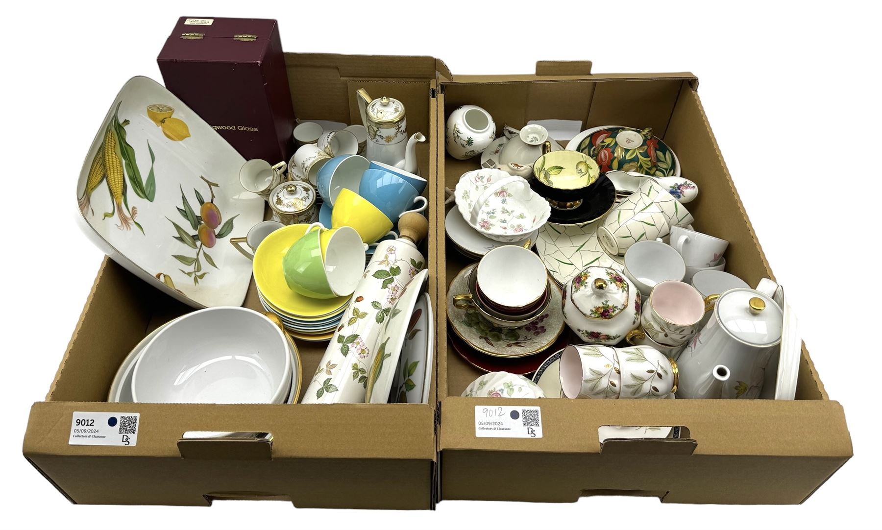 Aynsley harlequin cups and saucers, Royal Albert Old Country Roses vase and cover, Noritake coffee wares, Wedgwood Everest Goblet and various ceramics in two boxes