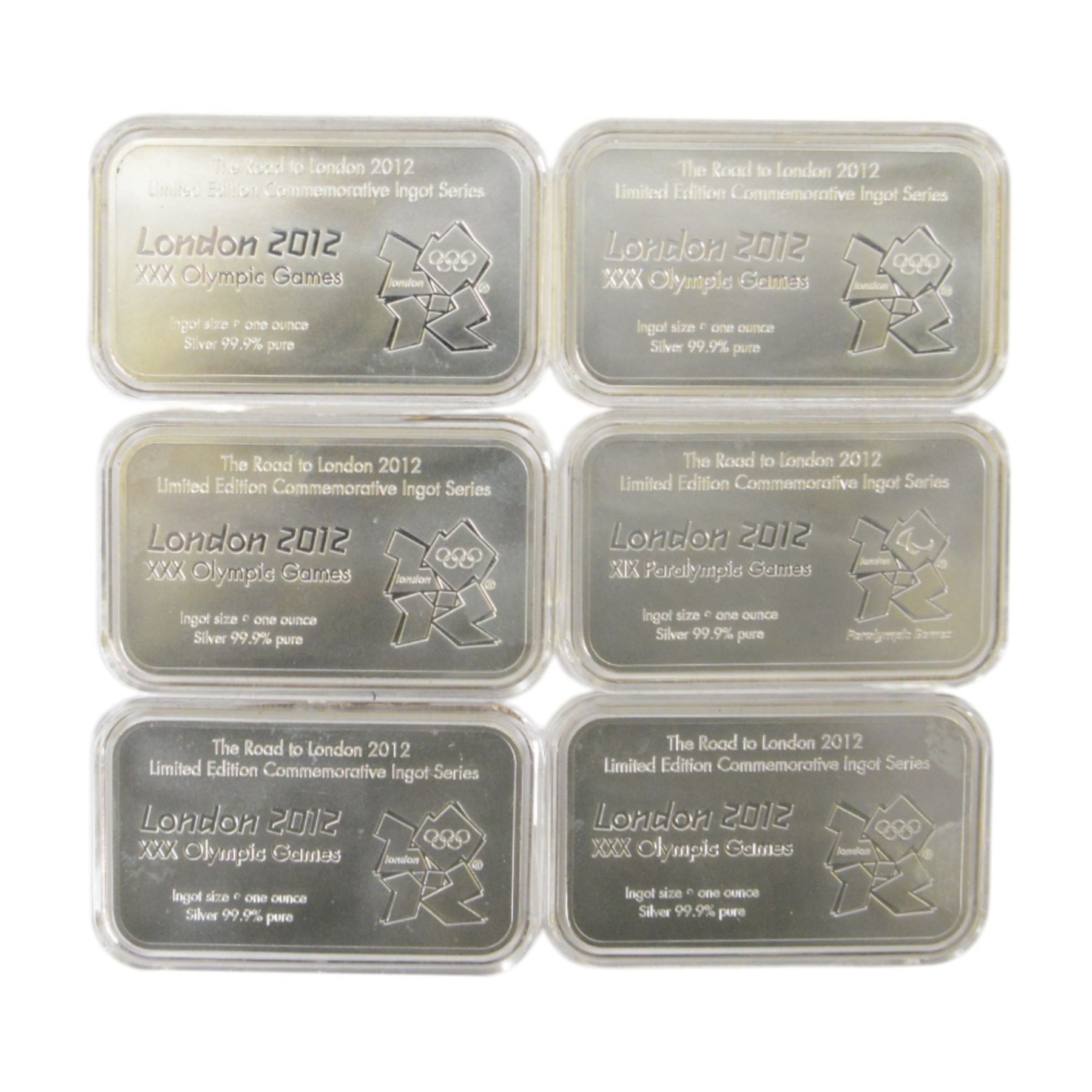 'The Road to London 2012' six commemorative one ounce fine silver proof ingots, cased with certificate