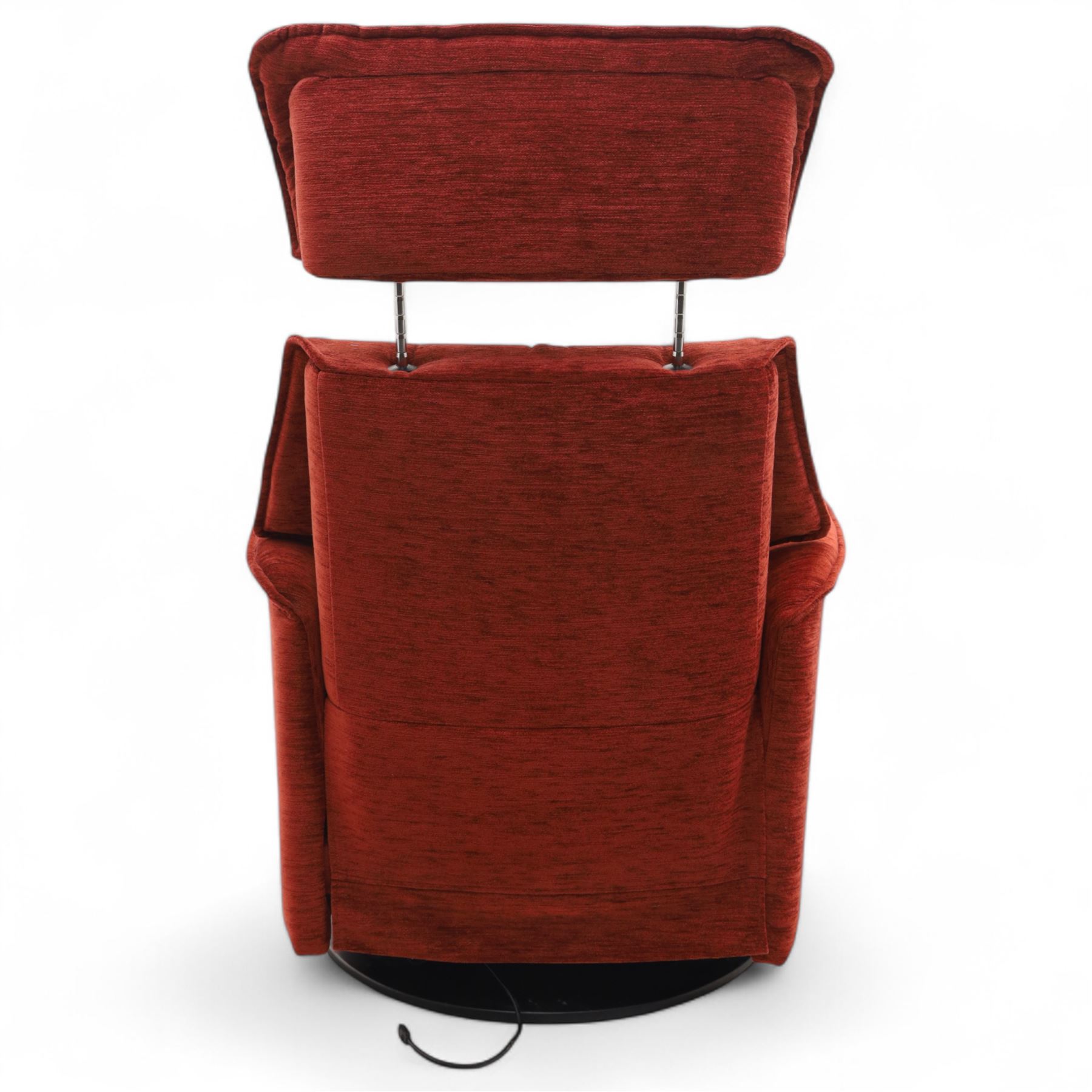 Contemporary electric reclining swivel rocker armchair, upholstered in textured red chenille fabric, high back with integrated headrest and panelled cushioning, on a circular base, requires power unit
