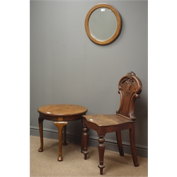  Victorian oak hall chair, pierced and carved back with turned supports, a circular occasional walnut table, cabriole supports, (D53cm, H48cm) and a circular oak bevel edge mirror, (D43cm)  