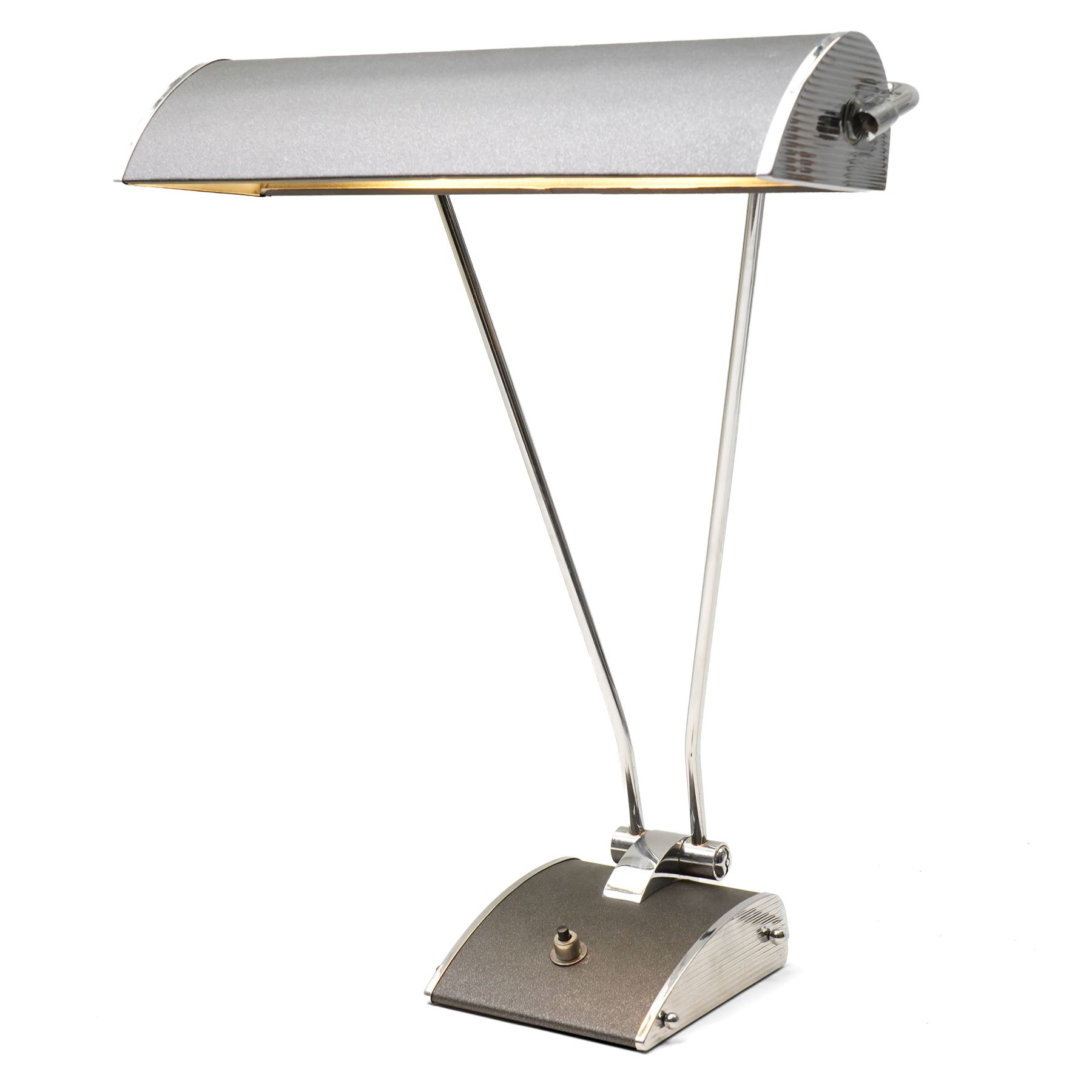 Eileen Gray (Irish, 1878–1976) for JUMO - black and chrome table lamp, curved rectangular shade with chrome end plates, supported on twin chrome rods over shaped black and chrome base with push switch, with 2025 PAT certificate, H45cm 