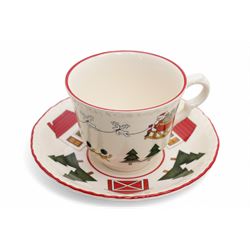 Masons Christmas Village tea wares, designed by Marsten-Mandrajji, comprising three-tiered an other cake stand, large bowl and jug, two twin-handled serving dishes, mug and two teacups, plates of various sizes etc