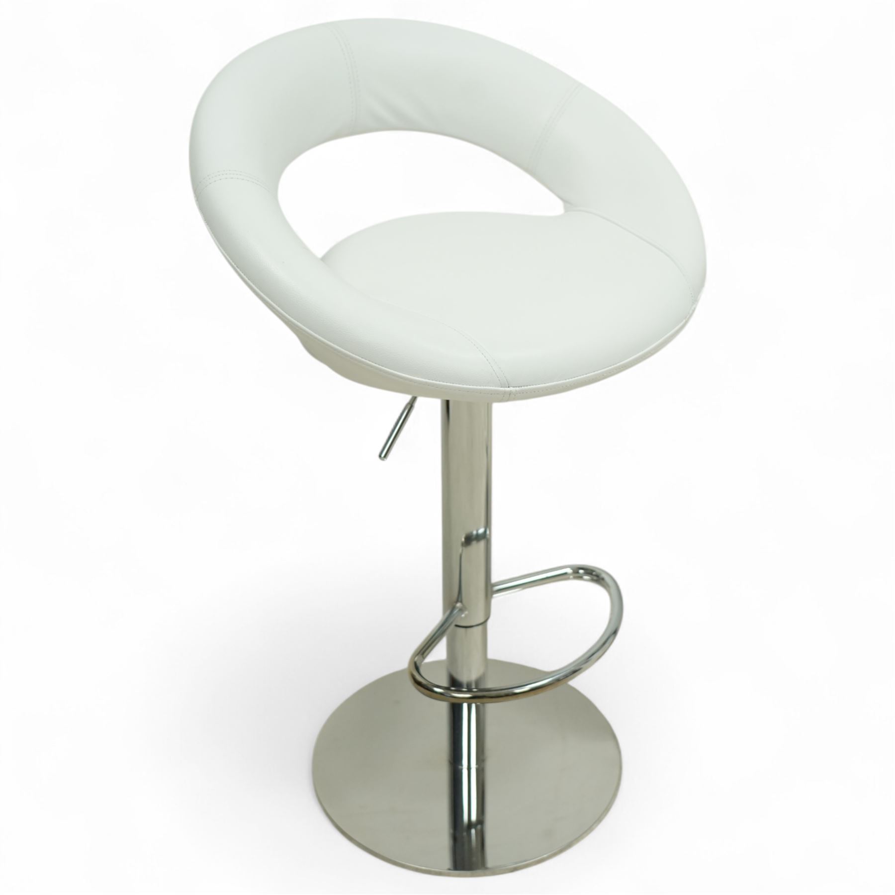 Sorento - Contemporary white leather bar stools, each with a circular padded seat and curved open backrest, on a height adjustable chrome pedestal support with footrest and circular base