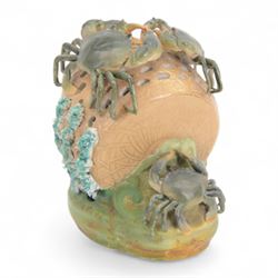 20th century Palissy style basket, modelled as a lobster pot, with crab, H26cm