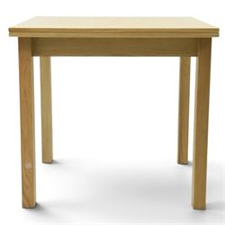 Contemporary light oak extending dining table, the square top with pull-out and fold-over action, raised on square supports