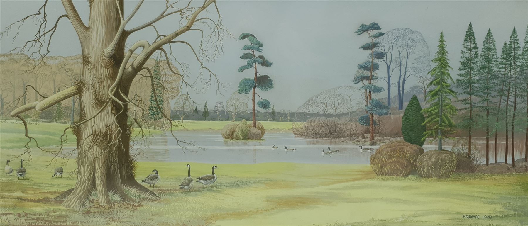 P Swayne (British 20th century): Geese in a River Landscape, oil on panel signed and dated 1970, 64cm x 144cm