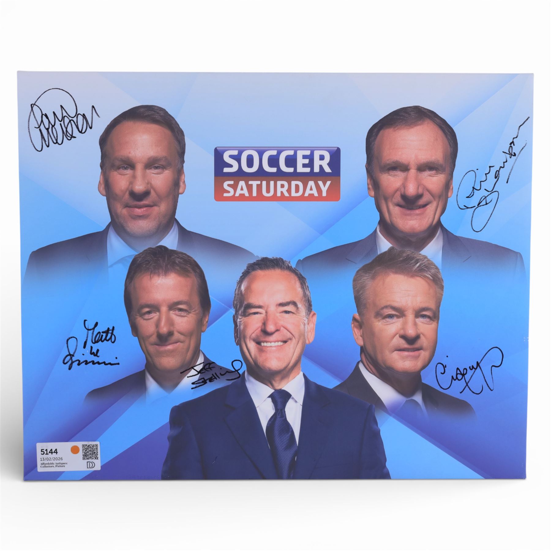 Soccer Saturday canvas, signed by Jeff Stelling, Matt le Tissier, Phil Thompson etc, H41cm, W51cm