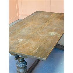 18th century style oak refectory type dining table, the rectangular top above acanthus carved baluster supports and sledge feet, united by a shaped stretcher. H78cm, 182cm x 93cm. - COLLECTION BY APPOINTMENT FROM: The White House, Thirsk Road, Easingwold, York, YO61 3NF - CALL 01723 507111 TO ARRANGE