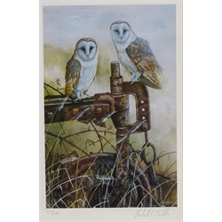  Barn Owls on Trailer, ltd.ed colour print No.37/200 signed in pencil by Robert E Fuller (British 1972-) 25cm x 16cm and Labrador, ltd.ed colour print No.8/500 signed in pencil by Kevin Wood 21cm x 19cm (2)  