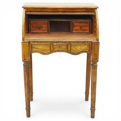 20th century mahogany cylinder desk in the Sheraton manner, the inlaid fall enclosing a fitted interior above a shaped drawer, raised on slender tapering legs