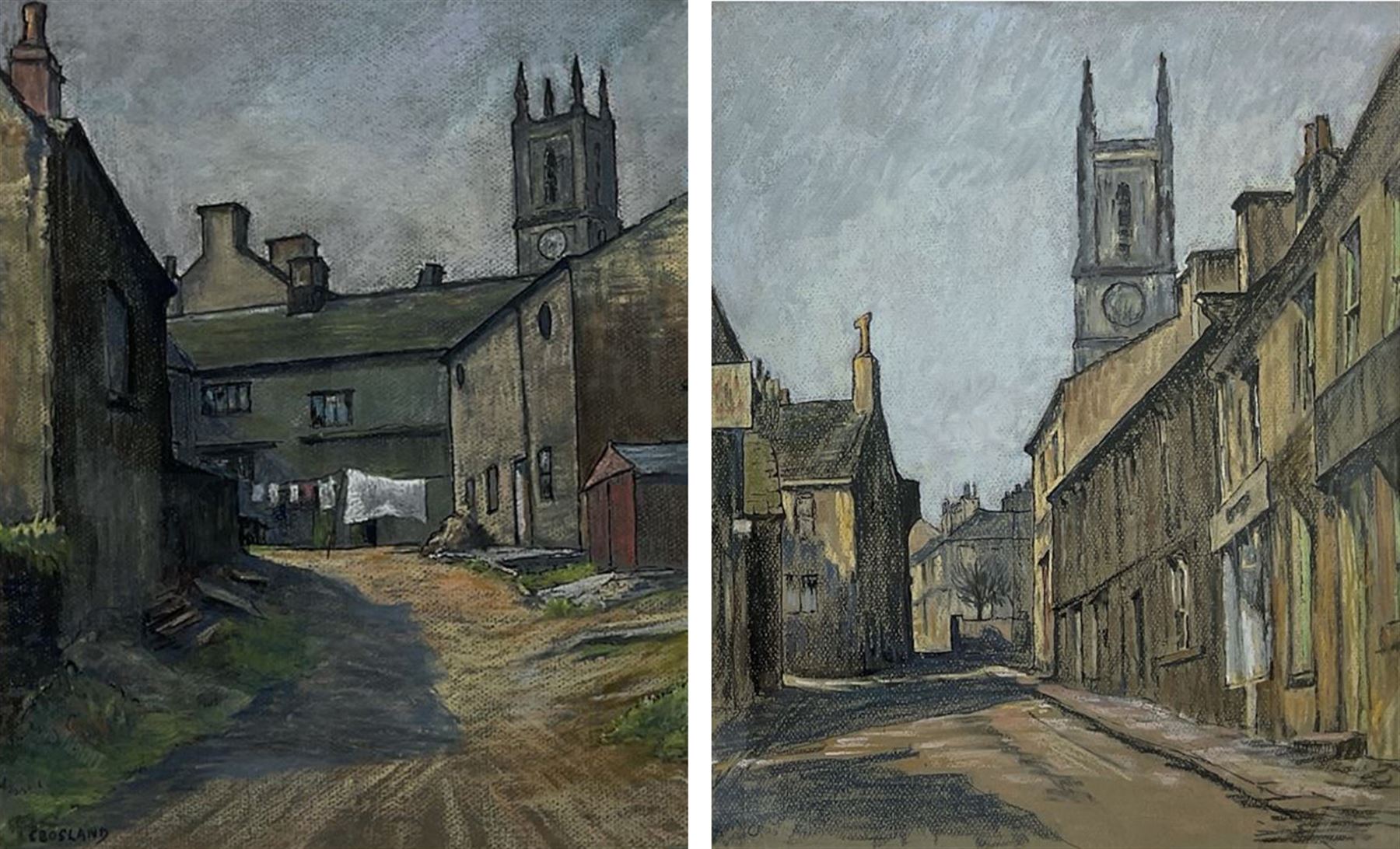Jack Crosland (Northern British 20th century): 'Honley West Yorkshire' and 'Church Street Honley West Yorkshire', pair pastels signed, inscribed verso max 45cm x 37cm (2)