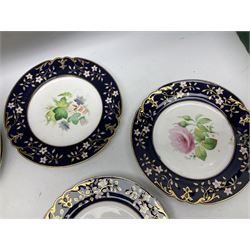 19th century Botanical dessert service, probably Samuel Alcock, painted with specimen sprays within pierced cobalt blue borders and gilt dentil, comprising two low comports and twelve plates, printed retailers marks in puce for Richard Hawkins, Crystal Palace and Brighton