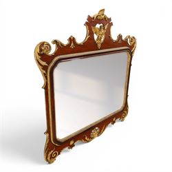 Large George III mahogany wall mirror, parcel gilt shaped frame with scrolling acanthus, shell and foliate decoration, surmounted by carved gilt ho-ho bird, rectangular mirror plate within moulded border, shaped apron with gilt scroll terminals, removed from a Scottish country estate