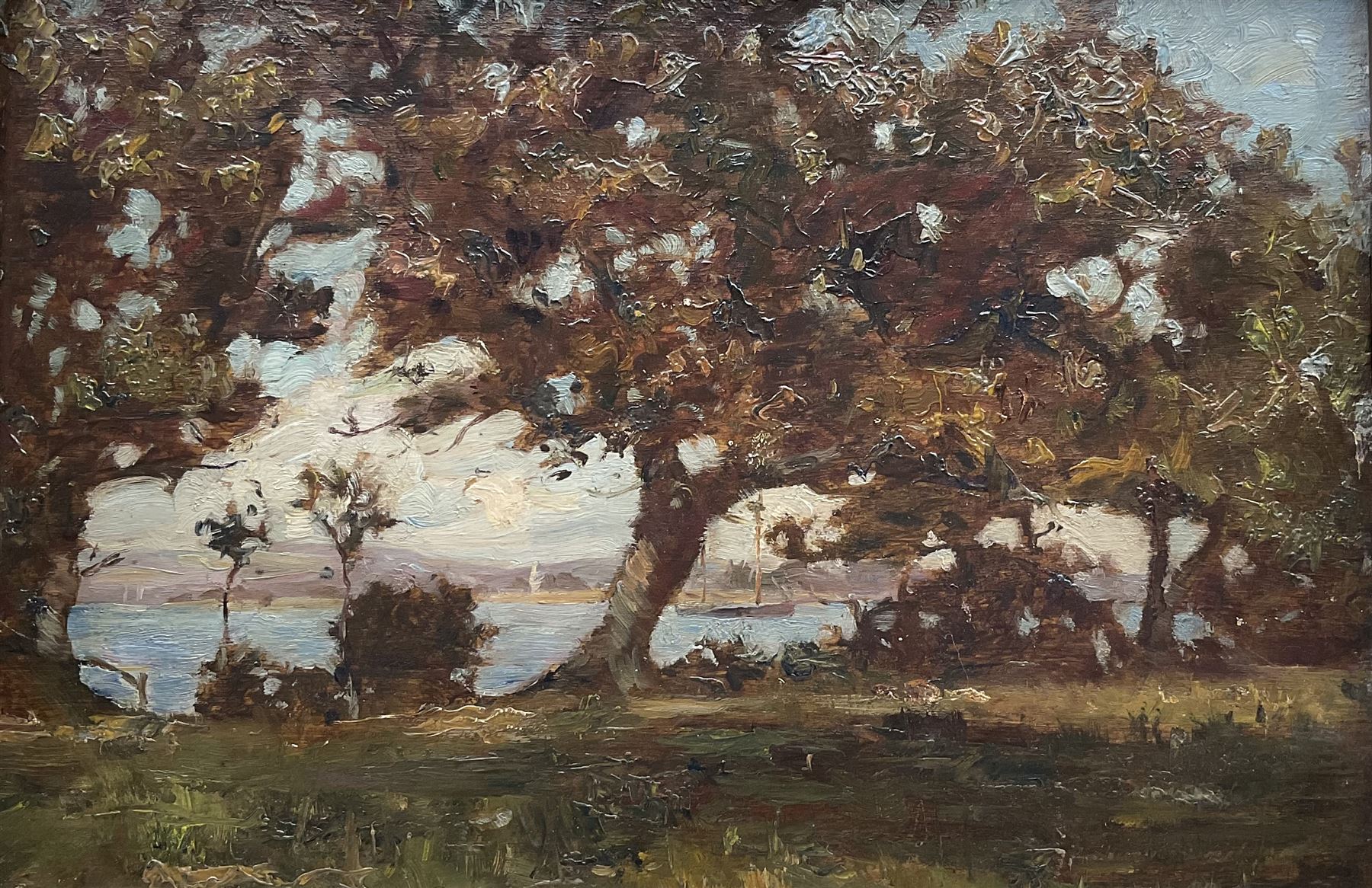 English Impressionist School (19th/20th Century): Autumn Trees on the Harbourside, oil on panel unsigned 23.5cm x 34.5cm 