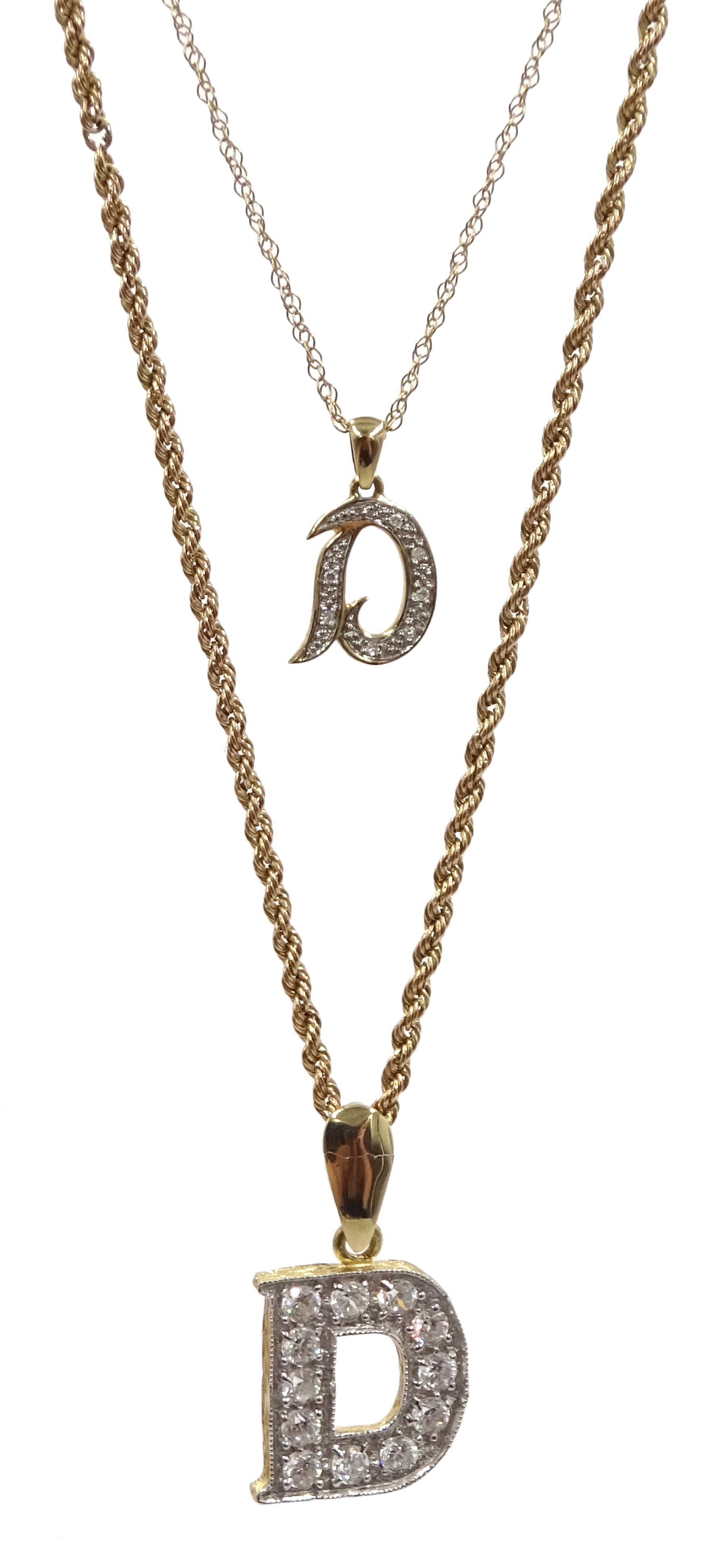 Two 9ct gold 'D' necklaces, both 9ct hallmarked or tested Jewellery