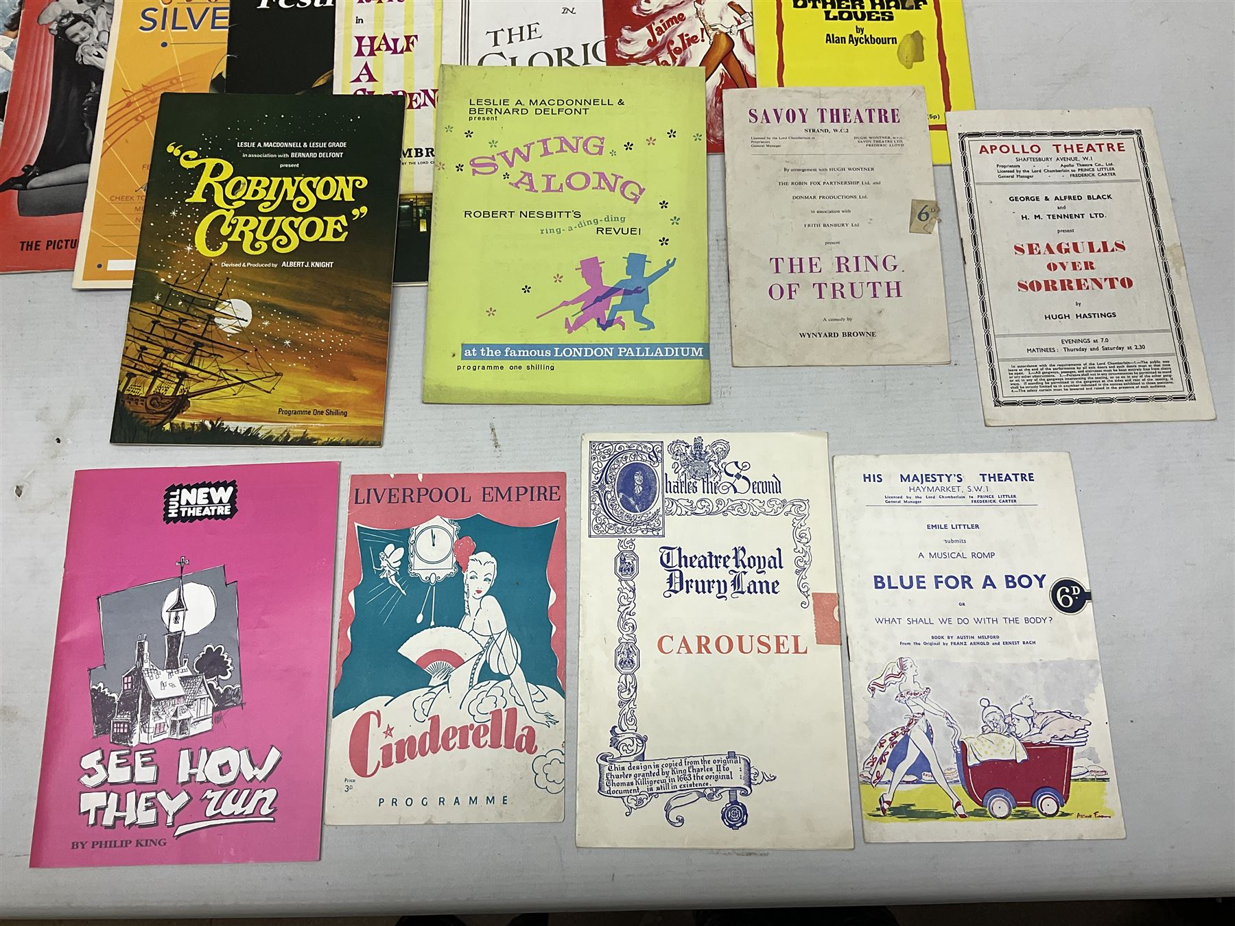 Over thirty theatre programmes 1940s and later including various London theatres - Apollo, Adelphi, Savoy, Drury Lane, Palace, Prince Edward, Vaudeville, Palladium etc, Folies Bergere and others