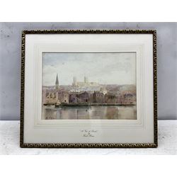 Frank Rousse (British fl.1897-1917): Lincoln Cathedral from Brayford Pool, watercolour signed with initials and dated 1920, 26cm x 35cm