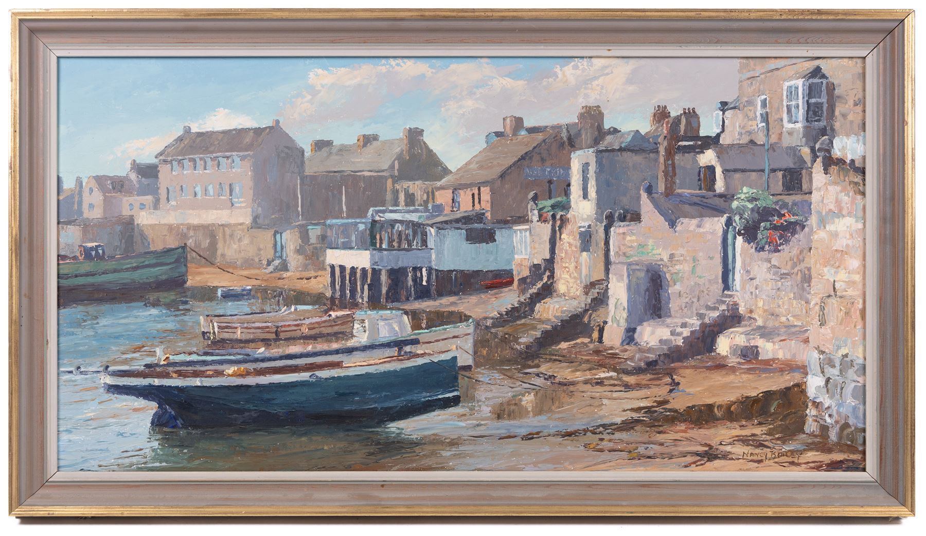 Nancy Bailey (British 1913-2012): 'Back Gates - Morning Light', oil on board signed, titled verso 38cm x 74cm 