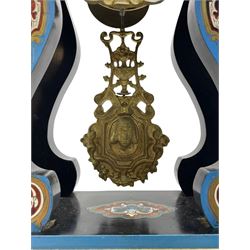 Breguet A Paris - Mid-19th century 8-day French portico clock, ebonised case with brass and cloisonne inlay, on a rectangular plinth with a shaped base, white enamel dial with blue Roman numerals, minute track and steel trefoil hands, cast brass bezel with scroll and foliate decoration and a conforming gridiron pendulum, twin train going barrel movement with a countwheel strike sounding the hours and half-hours on a bell, with an ebonised base and glass dome. 