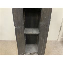 Folk art circus clown cabinet, the the two hinged doors with bow tie decoration opening to reveal fitted shelved interior, the body painted with polka dots and spades, H121cm