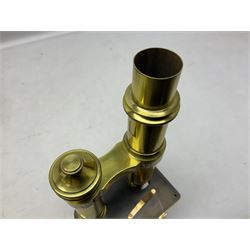 19th century brass monocular microscope by R. & J. Beck London No.18760 with hinged column and pitchfork base H25cm; in fitted mahogany case with two lenses