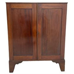 19th century mahogany collector's cabinet, crossbanded rectangular top over two panelled doors, the interior fitted with seven shallow drawers, on bracket feet