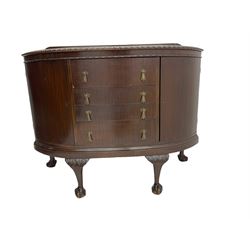 Mid 20th century mahogany bow front sideboard, the raised back over top with gadroon moulded edge, four drawers to centre flanked by two cupboards, raised on leaf carved cabriole supports with ball and claw feet W119cm, H97cm, D55cm
