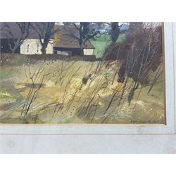 Allan Laycock RWA (British 1928-2020): 'Farm Buildings near Gadfield Elm - Staunton', acrylic and watercolour signed and dated 1981, 18.5cm x 34.5cm 