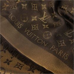 Louis Vuitton – a monogram silk and wool blend shawl in brown and gold, with fringe, 140cm x 140cm, unused with original box