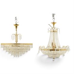 Art Deco style set of two chandeliers, brass and beaded glass, (H 60cm, Di 60cm) (H 75cm, Di 62cm) 