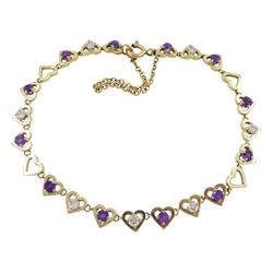 9ct gold round amethyst and diamond heart link bracelet