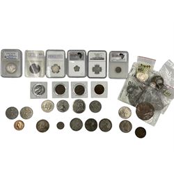 World coins, including three Maria Theresa restrike thalers, William IIII 1834 one shilling, two Queen Elizabeth II South Africa 1957 five shilling coins, other South African coinage, commemorative coins and medallions etc