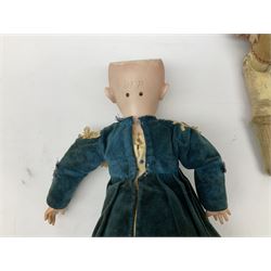 Early 20th century bisque head doll with applied hair, sleeping eyes, open mouth with four upper teeth, pierced ears and composition body with jointed limbs, marked 'DEP. 7', H47cm; and an Armand Marseille bisque shoulder head doll with applied hair, sleeping eyes, open mouth with four upper teeth and kid leather body with jointed limbs, marked '370. A.M. 5/0 DEP' H41cm (2)