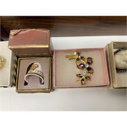 Pair of silver hoop earrings, 9ct gold butterfly earring backs, silver-gilt medal, seven wristwatches, including Rotary, Actim and Stauer and a collection of costume jewellery, contained within a wooden sewing box with walnut veneer and green silk interior
