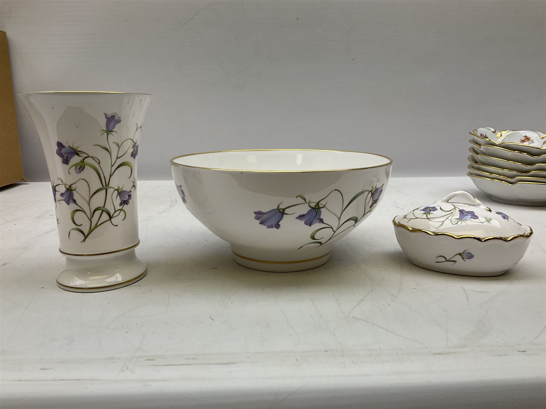 Spode Campanula pattern tulip vase, footed bowl and covered trinket dish, together with six Jlmenau dishes and three other vases 