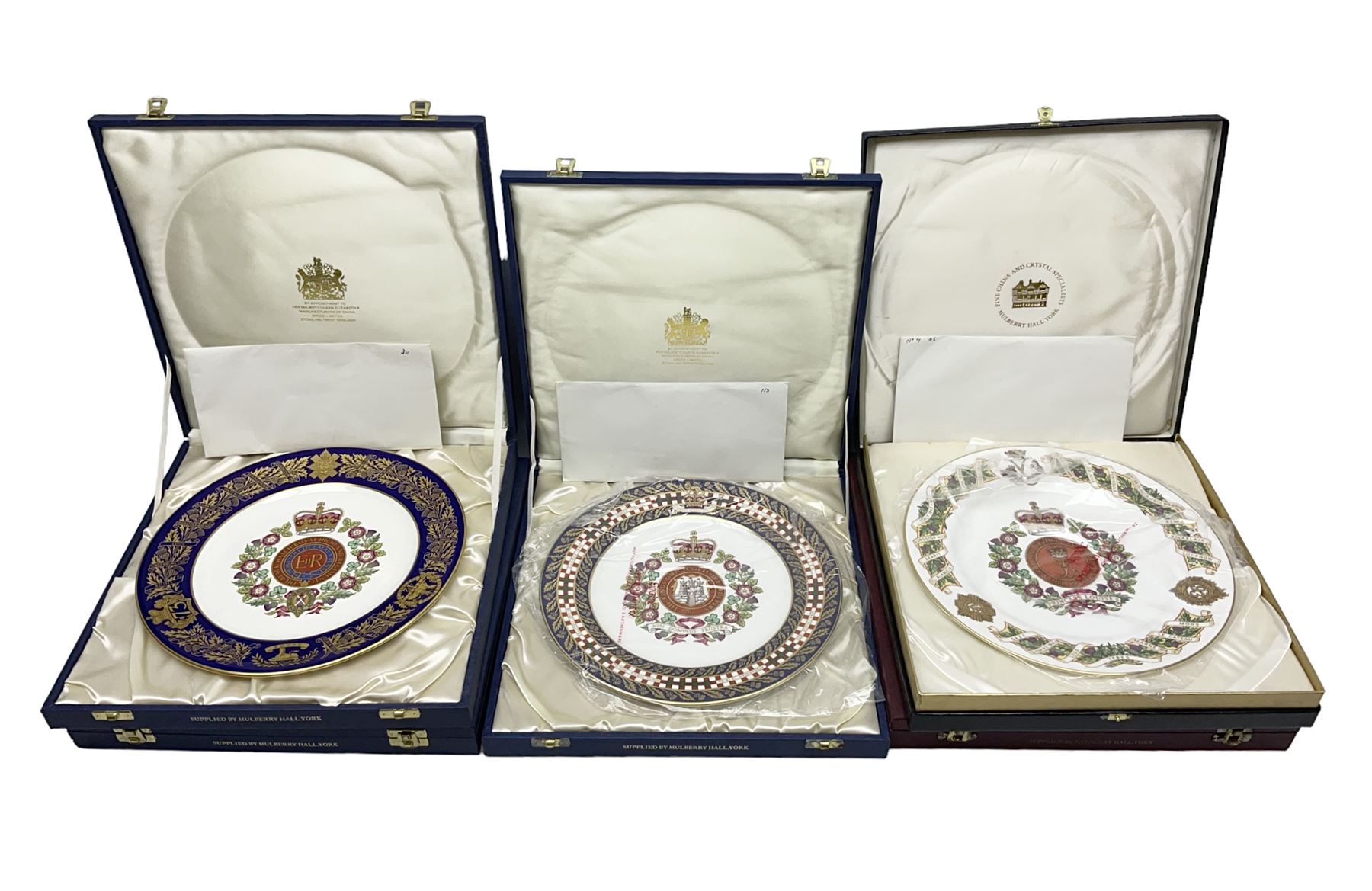 Five Spode Mulberry Hall limited edition Regimental commemorative plates - Argyll & Sutherland Highlanders No.9/500; Cheshire Regiment No.352/500; Kings Own Scottish Borderers No.113/500; Black Watch Royal Highland Regiment No.331/500; and Royal Welch Fusiliers No.309/500; all boxed with certificates (5)