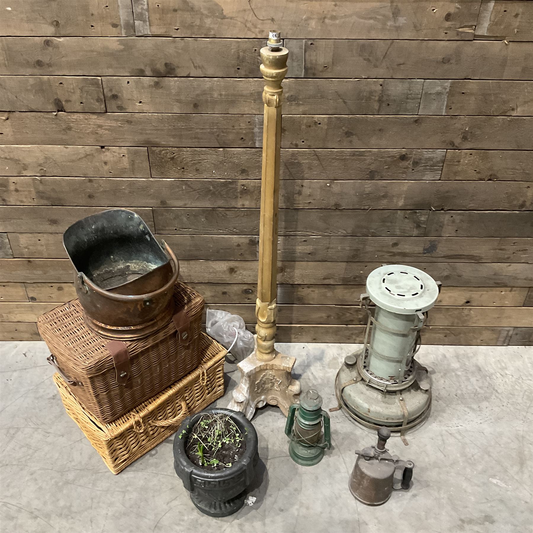 Aladdin paraffin lamp, lamp and burner, coal scuttle, painted standard lamp, stone mortar planter and two wicker baskets