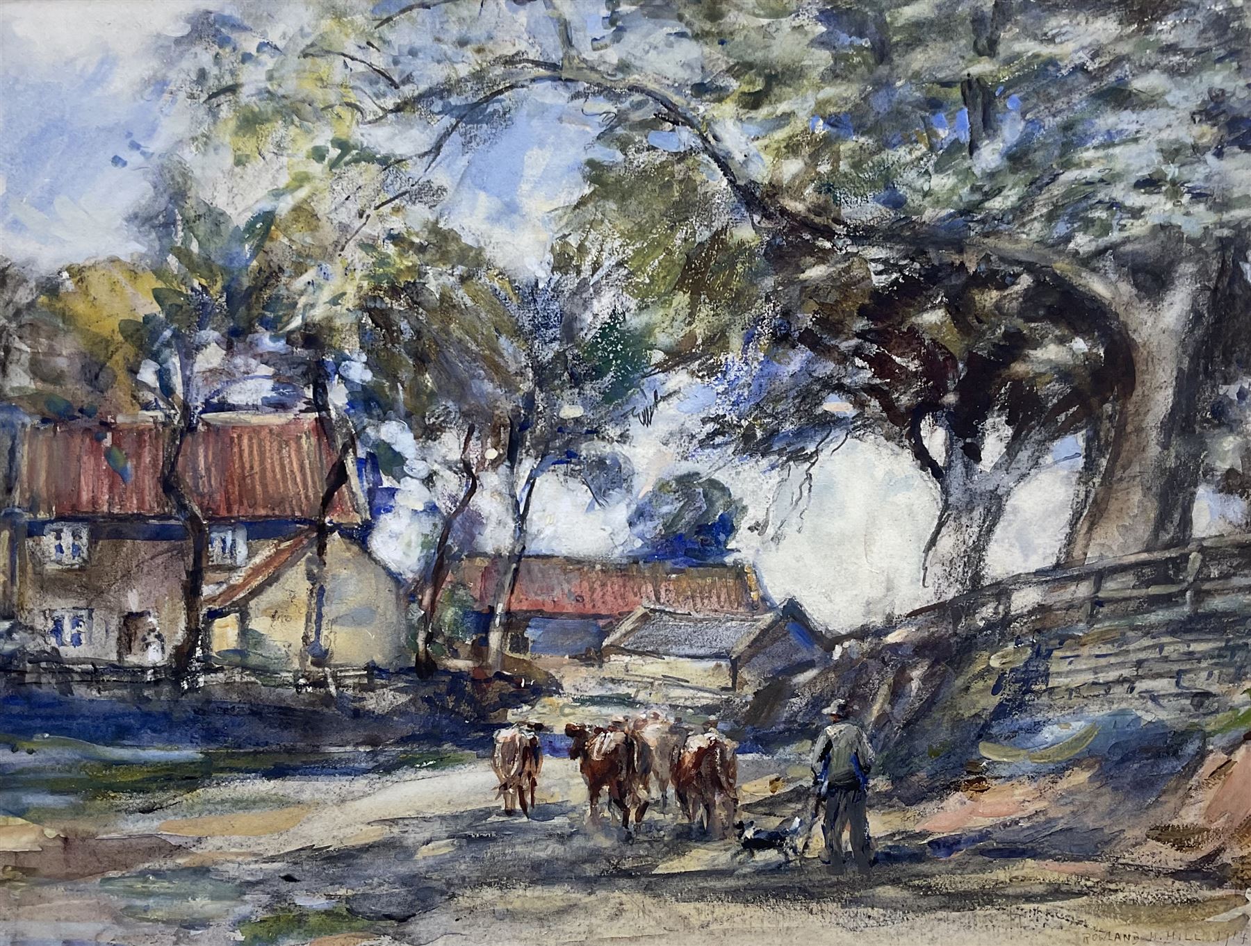 Rowland Henry Hill (Staithes Group 1873-1952): Farmer and his Dog Herding Cattle, watercolour and gouache signed and dated 1914, 34cm x 44cm