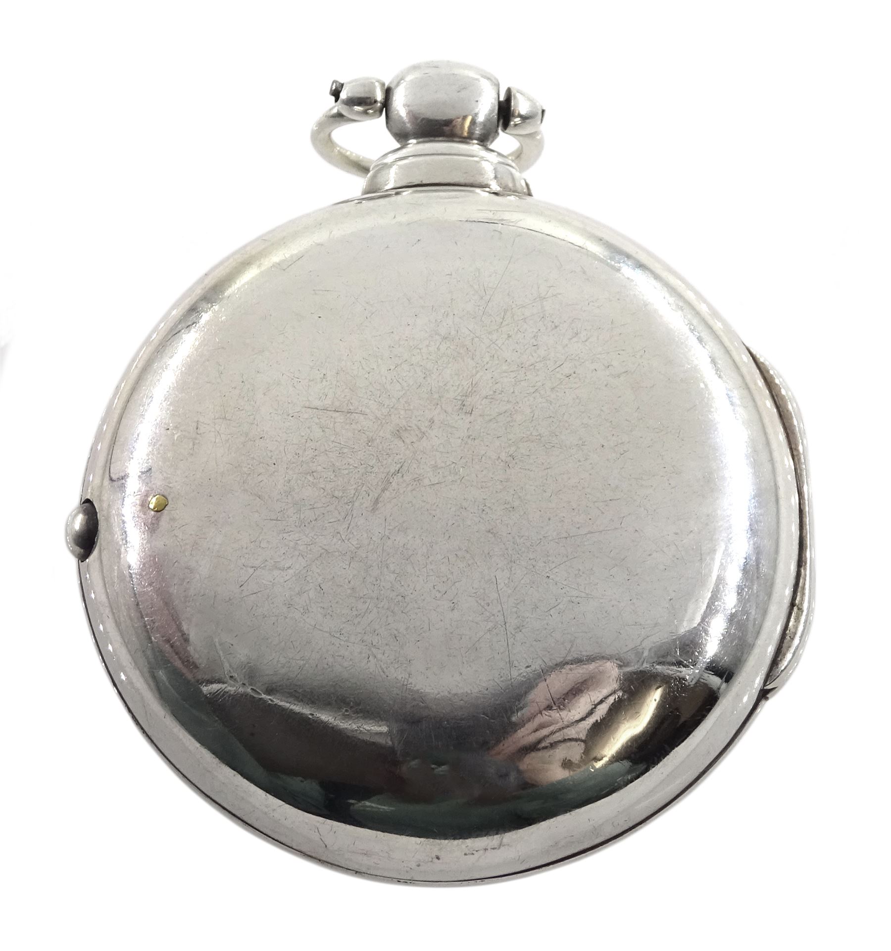 19th century silver pair cased verge fusee pocket watch by John Roberts, London, No. 9388, round pillars, pierced and engraved balance cock decorated with a mask, silver champleve dial depicting a nude female standing on a bridge amongst the stars, wandering hour dial with Arabic five minute markers and single hand, bull's eye glass, case by George Richards London 1832