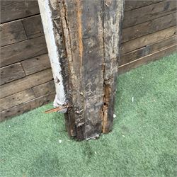 Large 19th century painted pine club shaped column, carved capitals with a cluster of three circular supports, flat back