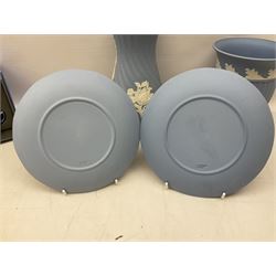 Wedgwood pale blue Jasperware, to include a pair of tulip vases, large vase with fluted rim, trinket dishes, trinket box etc, together with Wedgwood miniature hanging decoration in the form of a tea set 
