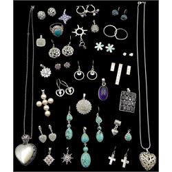 Collection of silver and stone set silver jewellery including necklaces, earrings, pendants, charms and rings, all stamped or tested 