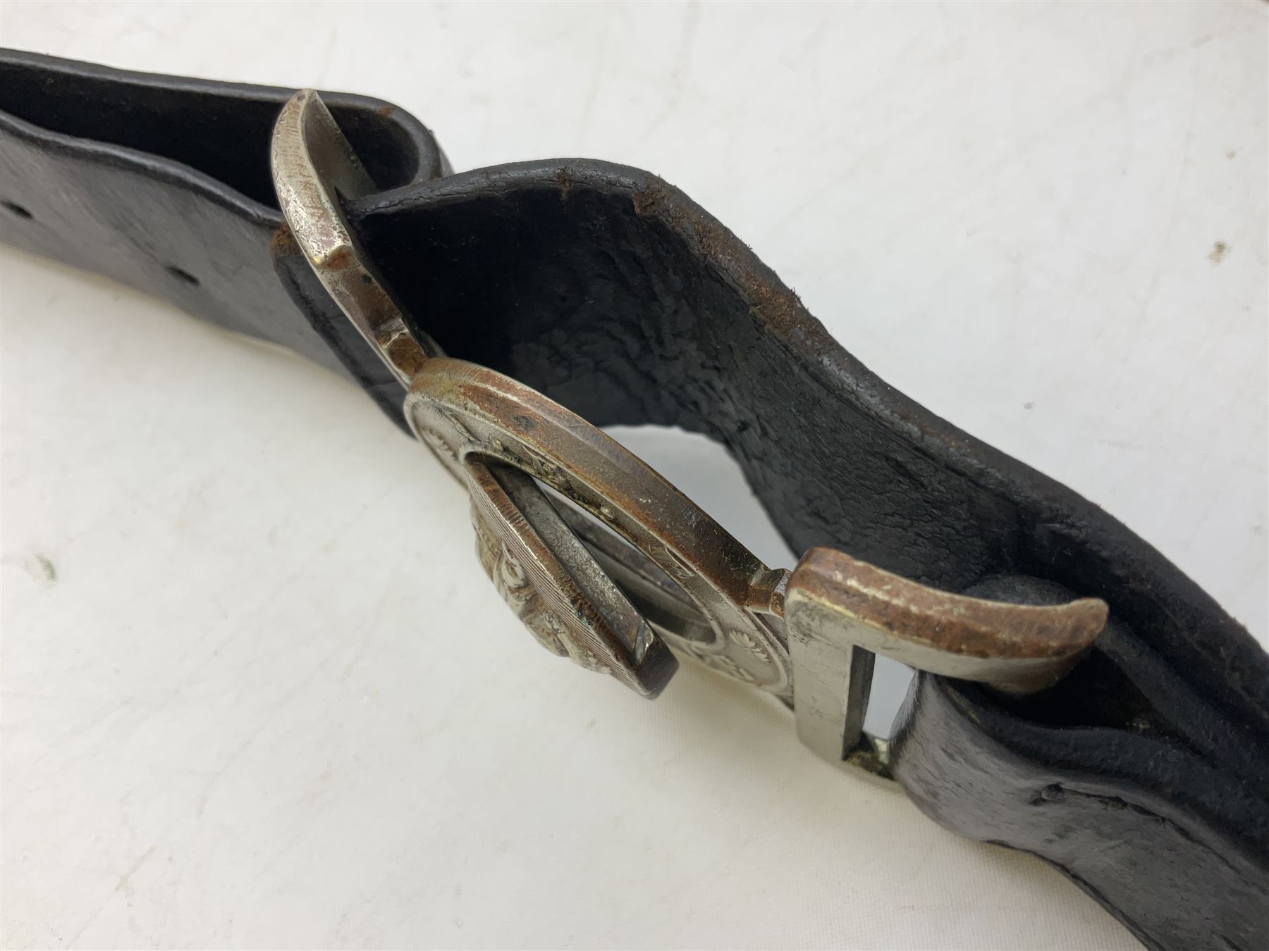 North Eastern Railway Police adjustable leather belt with steel buckle; crudely inscribed '270'